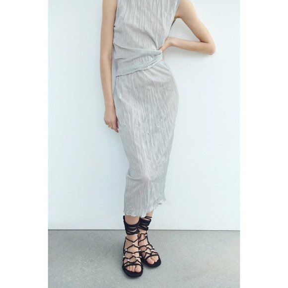 NWT Zara metallic fibre silver wrinkle effect crinkle high waist midi skirt, S - Picture 4 of 15